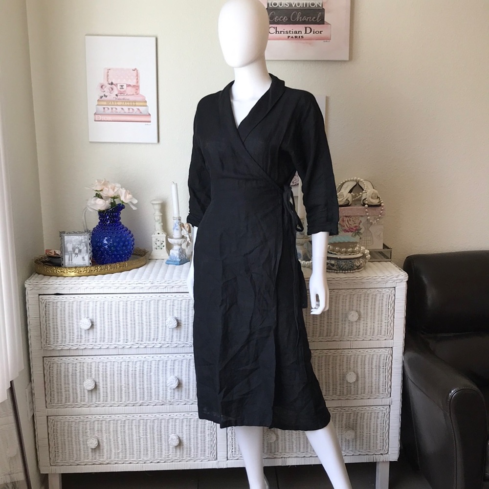 Nygardsanna black linen wrap midi dress Small